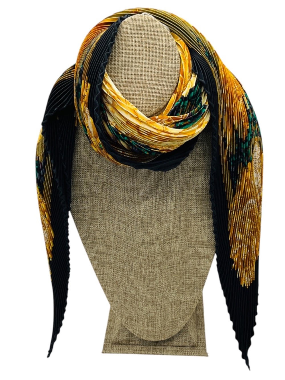HERMES BLACK MULTI AZULEJOS PRINT PLISSE PLEATED SILK TWILL SCARF - Picture 1 of 6